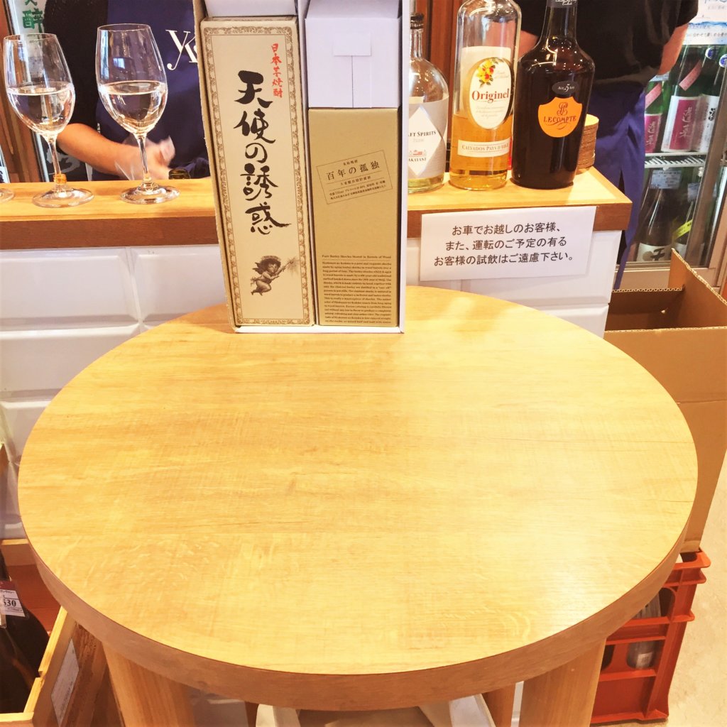 銀座「君嶋屋」の角打ちコーナー。レジ前にもこういうテーブルが2つあります。